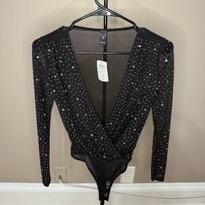 Windsor Black Bodysuit with Silver Rhinestones